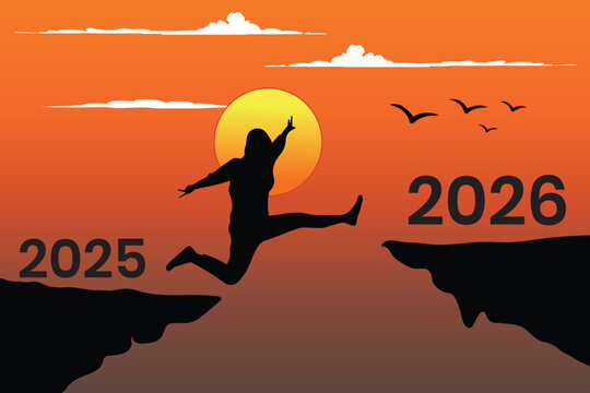 A unique creative background, poster, flyer, banner template design for 2026. Man silhouette jumping on 2026 over the precipice at amazing sunset. A man jump on 2026 from 2025 at amazing sunset.