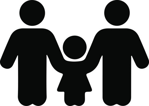 Family Silhouette Icon Holding Hands, Simple black silhouette icon of parents and child holding hands, symbolizing family unity, love, care, and togetherness in a minimal design.

