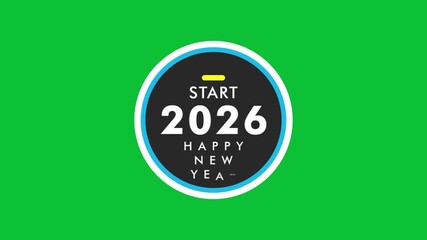Start 2026 Happy New Year animation badge on yellow line with green background, modern festive countdown style motion graphic for holiday videos and digital greetings