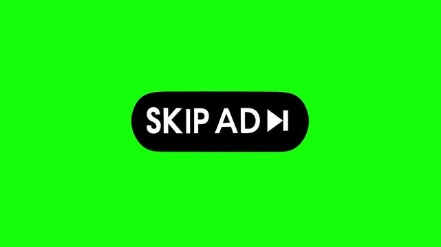 An animated skip ad button animation with a green screen background. The concept of removing ads from videos or websites.