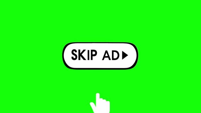 Animation of a skip ad button with a hand cursor clicking on a green screen background. The concept of removing ads from a video or website.
