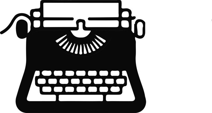 Vintage Typewriter Writing Icon Illustration, Black vintage typewriter icon representing writing, journalism, classic office equipment, and retro publishing concept isolated on white background.

