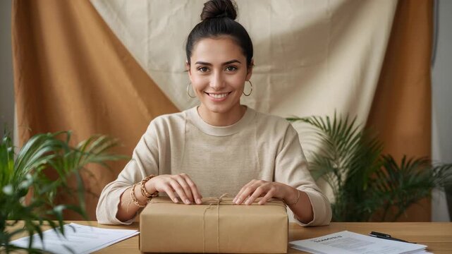 Recording starting woman wearing sweater smiling, adjusting twine on brown parcel to unbox at desk