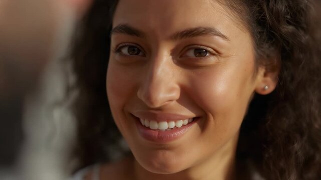 Reacting to offcamera cue woman smiling in lit studio with stud earring thin-straps blurred-hand