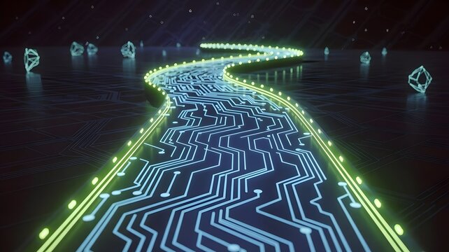 Digital circuit path curving through ethereal space, journey of self-discovery – Perfect for abstract art, tech spirituality, or future planning content.