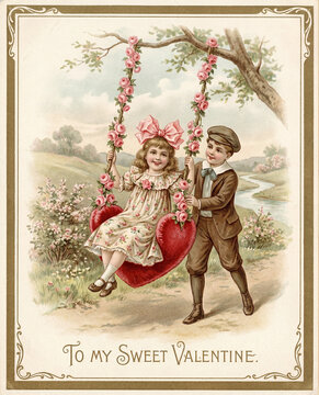 Vintage Valentine's Day greeting card. A boy pushes a smiling girl on a heart-shaped swing decorated with roses. Retro romantic illustration of childhood love.