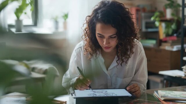 Placing hand, woman in white shirt sketching with stylus on horizontal tablet in studio, refining