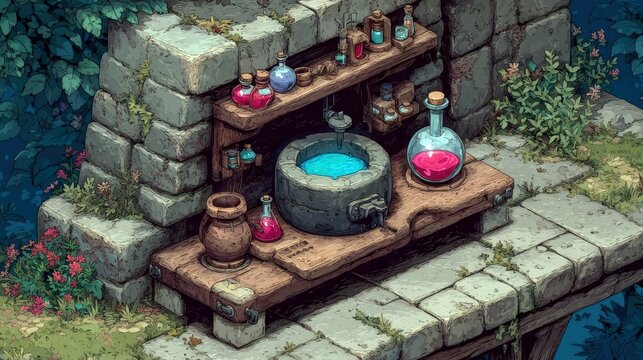 Potion Bottles and Cauldron in Fantasy Workshop