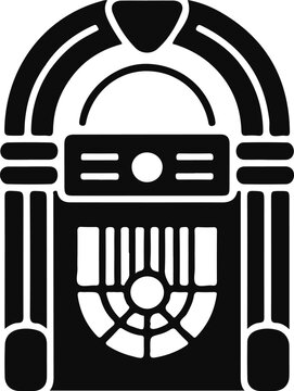 Retro Jukebox Icon, A bold black silhouette icon of a classic jukebox. It features an arched top, decorative horizontal bars, a central display panel, and a detailed speaker grille, evoking vintage m
