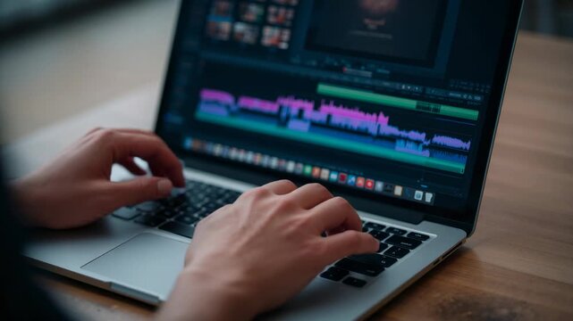 Pressing hands in dark sleeves starting scrubbing timeline at desk, editing clips on laptop