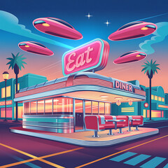 Retro Diner with Flying Saucers