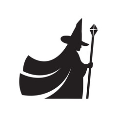 Mystic Wizard Silhouette Holding Staff Fantasy Character Logo in Black Cloak. 