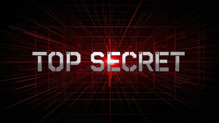 Pulsing metal TOP SECRET text staying centered in red grid, lasers creating flare lighting letters