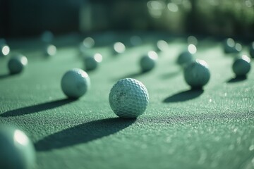 Golf clubs and golf balls arranged neatly on a green practice surface in sunlight capture the focus and precision of the sport during a training session