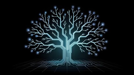 Digital tree of growth with pulsing cyan and blue circuit pathways – Ideal for startup culture, tech sustainability, or business development.