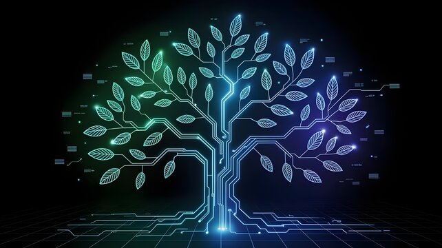 Glowing digital tree with interconnected network lines and light nodes – Suitable for artificial intelligence, evolution, or data management concepts.