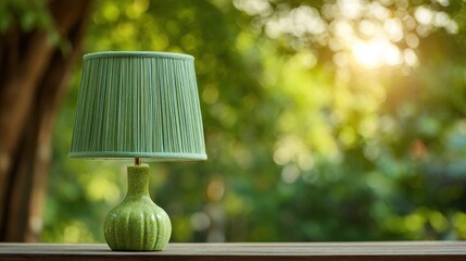 Green Table Lamp with Textured Shade and Spotted Base on Wooden Surface with Blurred Green Background
