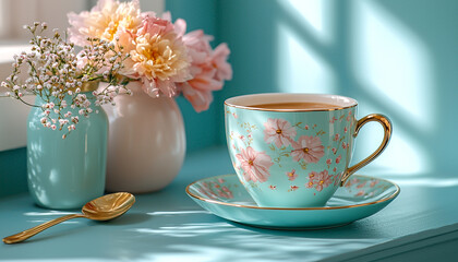 Coffee cup on table with fresh flower bouquet generated by AI