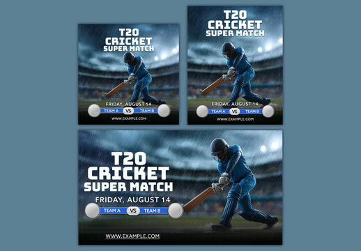 Editable T20 Cricket Super Match Social Media or Banner Template Set with Batter in Action Under Rainy Stadium Background.