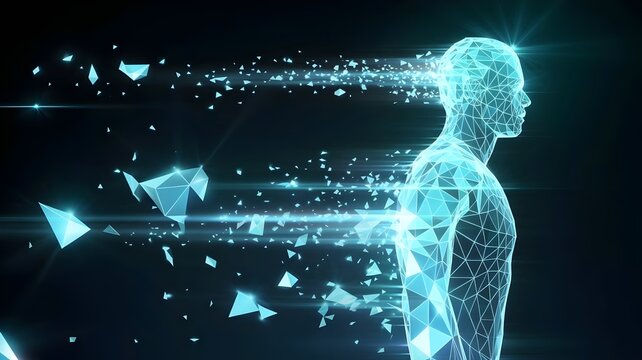 Human silhouette fragmenting into glowing geometric polygons – Suitable for futuristic concepts, AI, or digital identity themes.