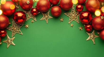 Festive Christmas background with red baubles and gold star decorations on green backdrop, holiday celebration concept