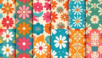 Brightly colored floral patterns in a retro style, presented as seamless tiles with repeating elements