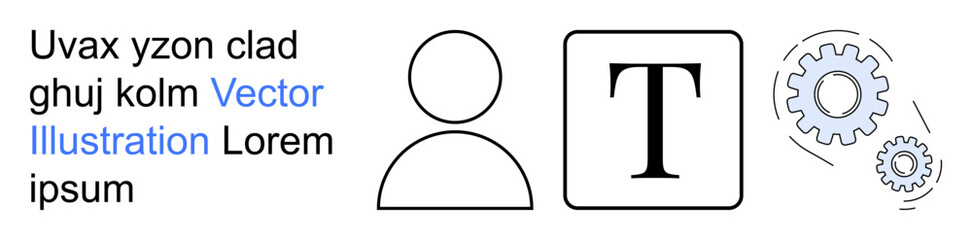 Technology, user interface, content creation, profile management, customization, system settings. Human icon, text box and gears. Technology and user interface concepts in visual
