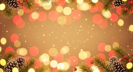Festive Christmas background with pine branches, cones and red berries, glowing golden bokeh lights and copy space