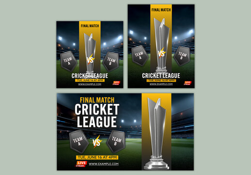 Editable Cricket League Final Match Social Media or Banner Template with Silver Trophy and Participating Teams, Stadium Background.