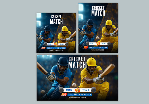 Editable Cricket Match Social Media or Banner Template Set with Intense Rival Batters, Stadium Background.