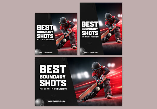 Editable Cricket Boundary Shot Highlight Banner or Social Media Template Set with Power Hitting Batter in Black and Red Color Design.