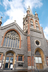 Majestic Tower of Petersfield Methodist Church Against Blue Sky, Detailed Victorian Gothic Architecture
