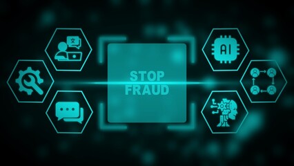 Teal digital graphic with central text Stop Fraud surrounded by hexagonal icons representing A I technology and data security