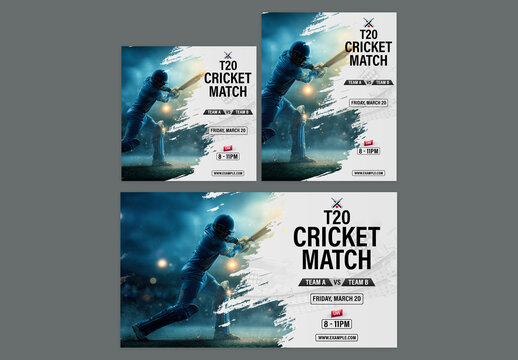 Editable T20 Cricket Match Social Media or Banner Template Set with Batters, Stadium Background.