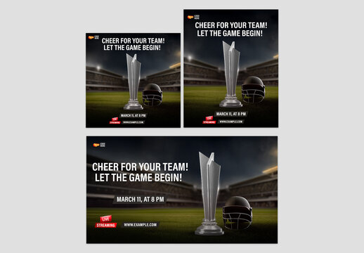 Editable Cricket Match Social Media or Banner Template Set with Silver Trophy and Black Helmet on Stadium Background.