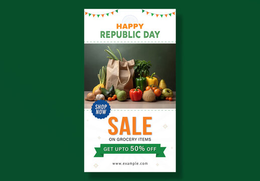 Editable Happy Republic Day Grocery Sale Story Template with Food Products and Half Price Offer in Tricolor Theme.