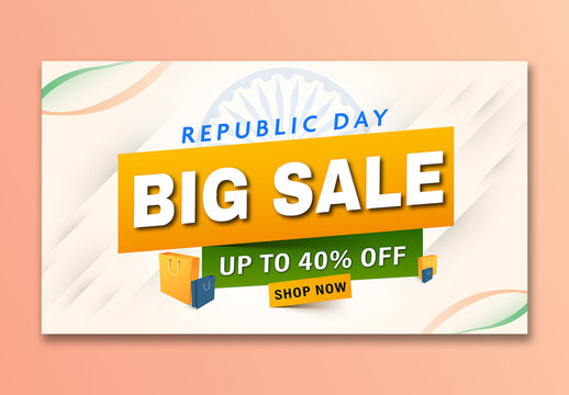 Editable India Republic Day Big Sale TV Ads Banner with Forty Percent Discount Offer in Indian Flag Theme for Festive Promotion.