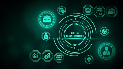 Digital transformation concept with glowing teal icons and text on dark background technology business