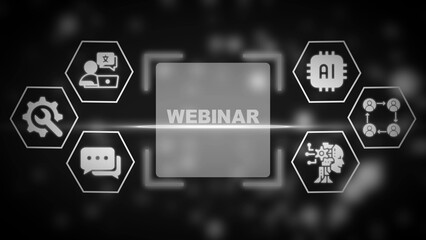 Digital webinar concept with A I and communication icons on dark blurred background online technology
