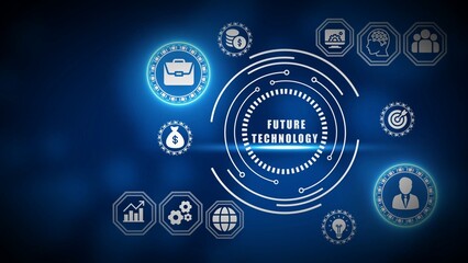 Futuristic digital interface with icons for business finance and technology on a blue background