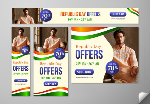 Editable Indian Republic Day Sale Social Media Banner Template Pack with Indian Man in Traditional Dress (Kurta), 70 Percent Discount for Limited Time from 20th to 26th January.
