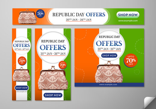 Editable Indian Republic Day Sale Social Media Banner Template Pack in Tricolor Design with 70 Percent Discount on Fashion Accessories for Limited Time from 20th to 26th January.