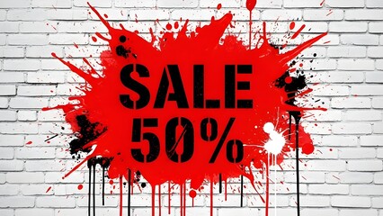 Bold red sale 50 percent splash on white brick background