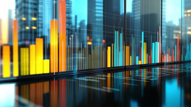 Bright charts and graphs present various business statistics reflecting trends and performance in an urban office setting