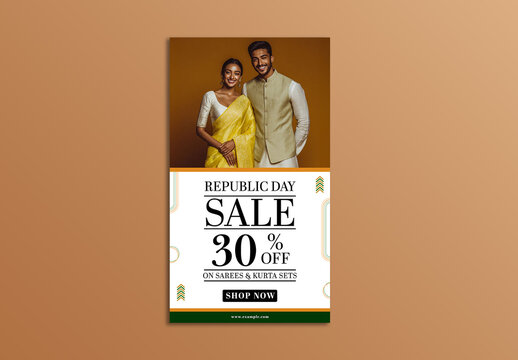 Editable Indian Republic Day Sale Story Template with 30 Percent Discount Offer on Sarees and Kurta Sets.