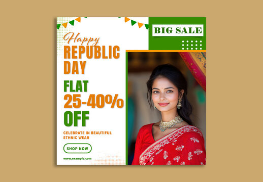 Editable Happy Republic Day Sale Social Media Post with Special Discount Offer on Ethnic Wear and Indian Woman in Red Saree.