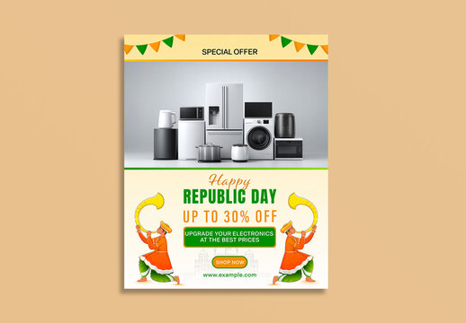 Editable Happy Republic Day Electronics Sale Template with Modern Home Appliances and Thirty Percent Discount Offer in Tricolor Theme.