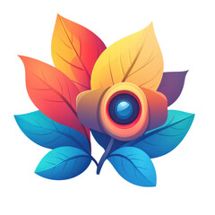 Colorful leaves with camera lens in vibrant gradient illustration for creative graphic design "isolated on transparent background
