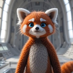 A red panda stands in a spacious room, surrounded by light and various indoor plants.