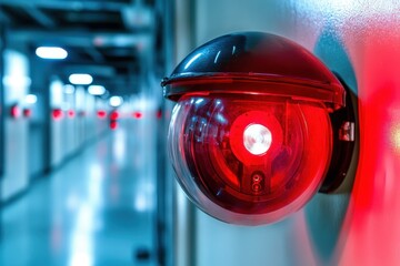 Fototapeta premium Fire surveillance indicator light installed in corridor for emergency response in commercial building during evening hours